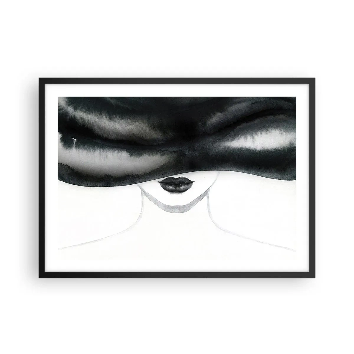 Poster in einem schwarzem Rahmen - Ein subtiles Porträt einer Frau, deren Gesicht in einem monochromen Stil bedeckt ist. - 70x50cm - Ein sinnliches Geheimnis - Moderne Wanddekoration für Wohnzimmer und Schlafzimmer ARTTOR