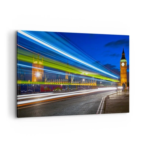 Bild auf Leinwand - Leinwandbild - Big Ben bei Nacht mit der Wirkung von Lichtern im Straßenverkehr - 100x70cm - Unter den wachsamen Augen von Big Ben - Moderne Wanddekoration für Wohnzimmer und Schlafzimmer ARTTOR