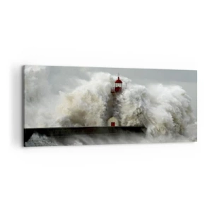 Bild auf Leinwand - Leinwandbild - Ein Leuchtturm, umgeben von rauen Wellen während eines Sturms - 120x50cm - Die Wut des Ozeans - Moderne Wanddekoration für Wohnzimmer und Schlafzimmer ARTTOR