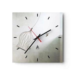 Wanduhr - Glasuhr - Ein aus einem Käfig befreiter Vogel vor dem Hintergrund eines hellen Himmels - 30x30cm - In seinem Element - Moderne Wanddekoration für Wohnzimmer und Schlafzimmer ARTTOR