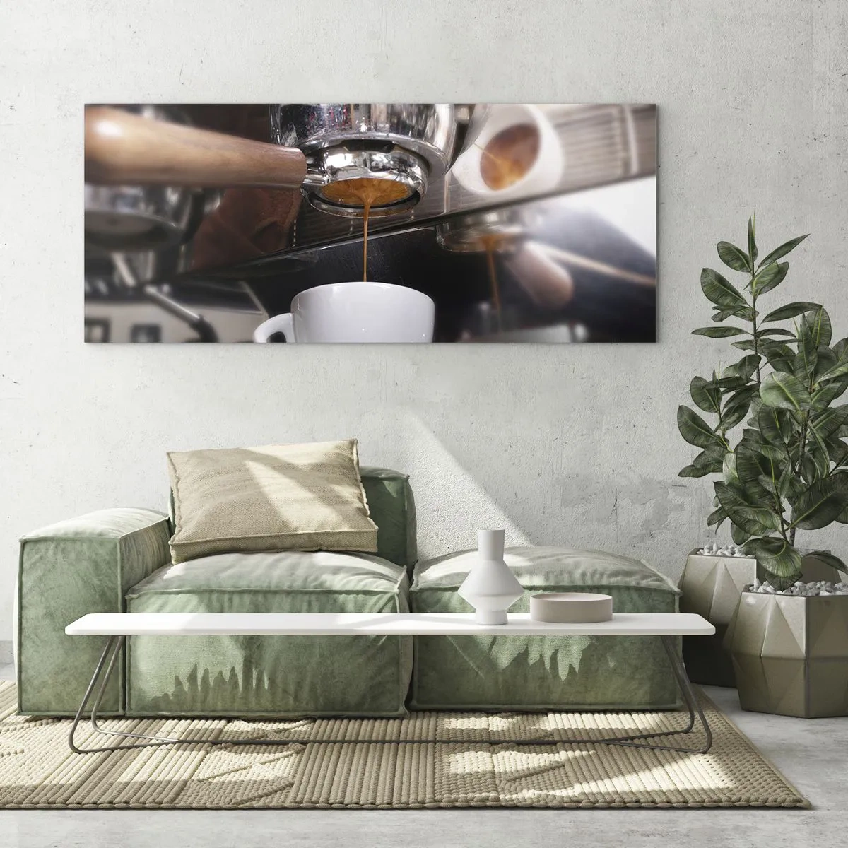 Glasbild - Bild auf glas - Nahaufnahme einer Kaffeemaschine, die einen frischen Espresso zubereitet - 120x50cm - Gute Zeit des Tages - Moderne Wanddekoration für Wohnzimmer und Schlafzimmer ARTTOR