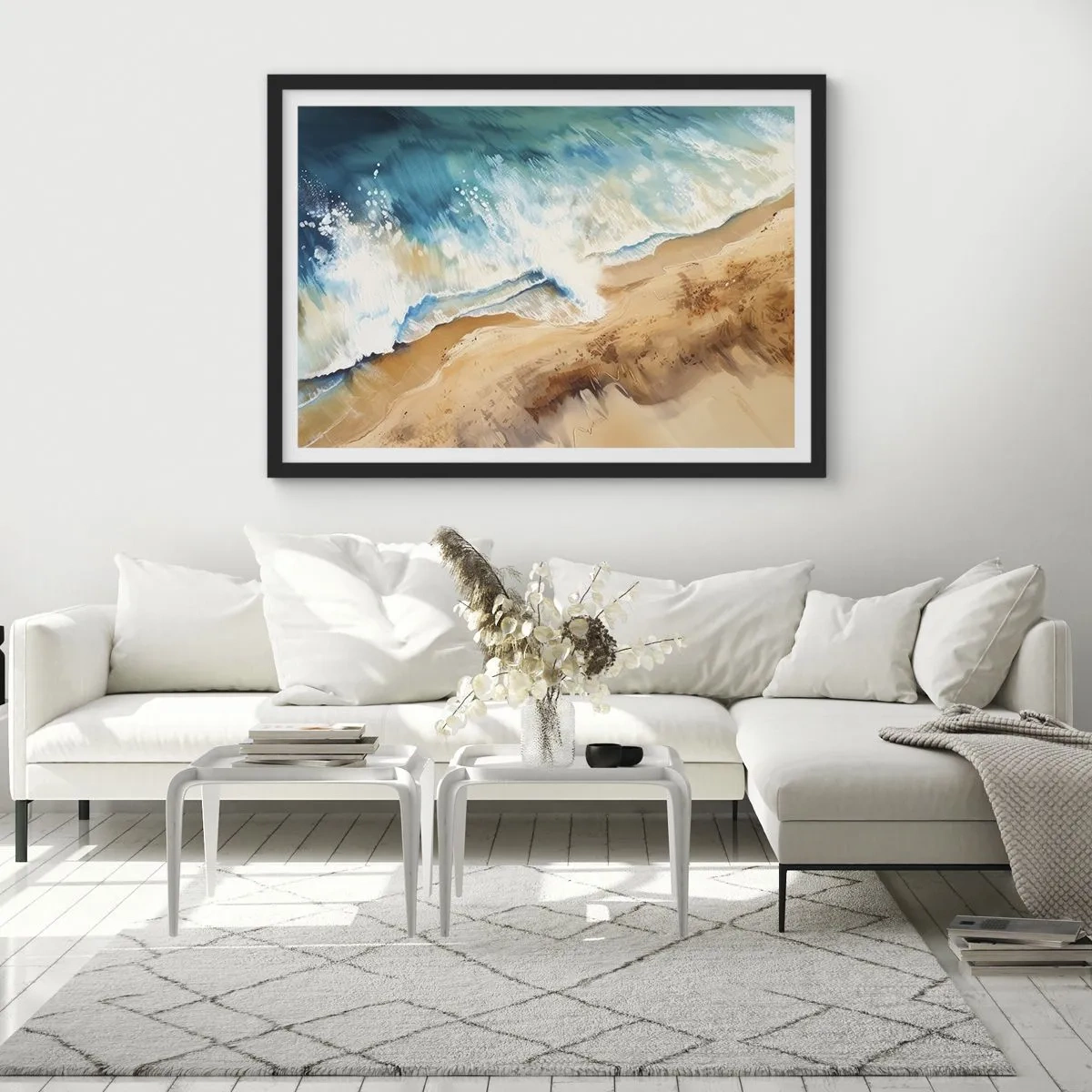 Poster in einem schwarzem Rahmen - Eine Meereswelle, die gegen den Sandstrand prallt - 70x50cm - Zurückkehrende Welle - Moderne Wanddekoration für Wohnzimmer und Schlafzimmer ARTTOR