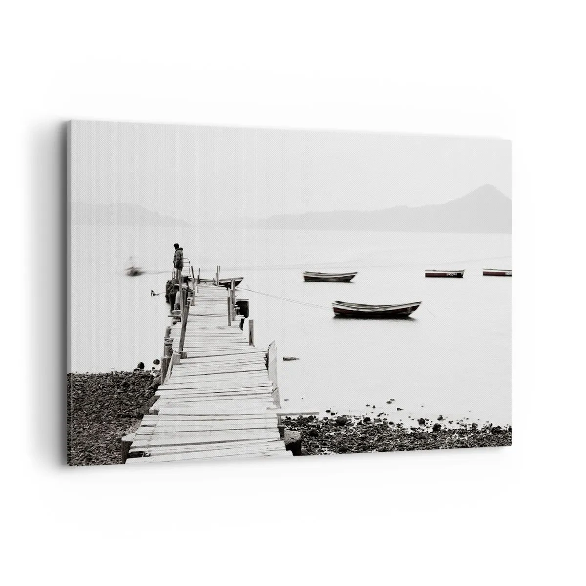 Bild auf Leinwand - Leinwandbild - Holzsteg und Boote auf ruhigem Wasser - 120x80cm - Ruhig und sauber über dem Wasser - Moderne Wanddekoration für Wohnzimmer und Schlafzimmer ARTTOR