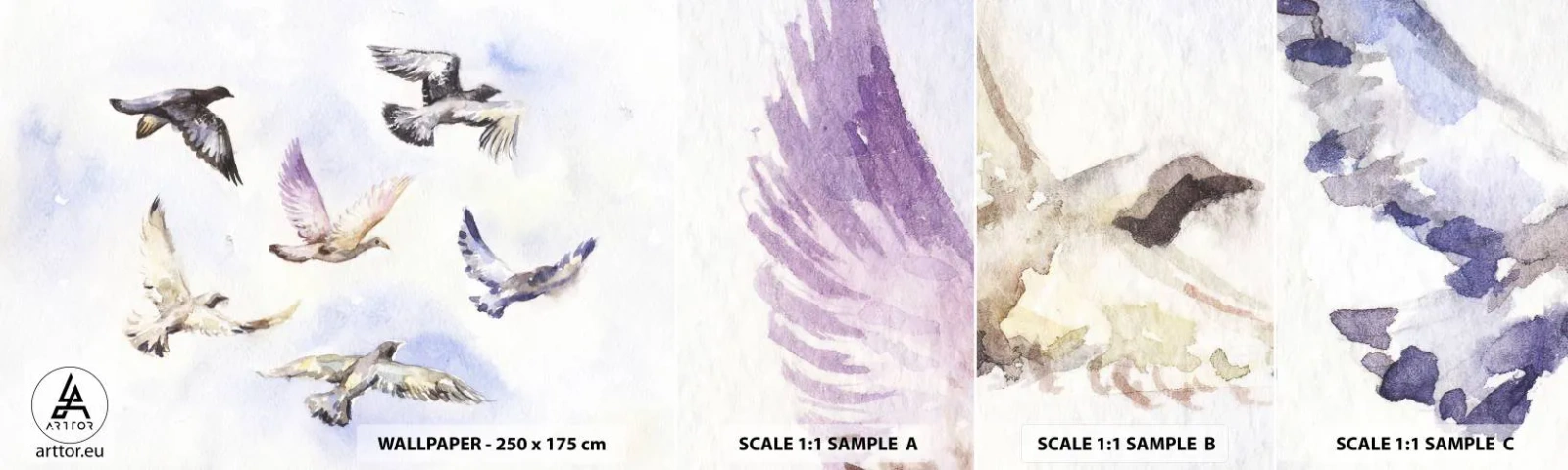 Fototapetenmuster Standard Eco - Freiheit in Grau und Blau - Vögel, Grafik, Stück - 100x30 cm