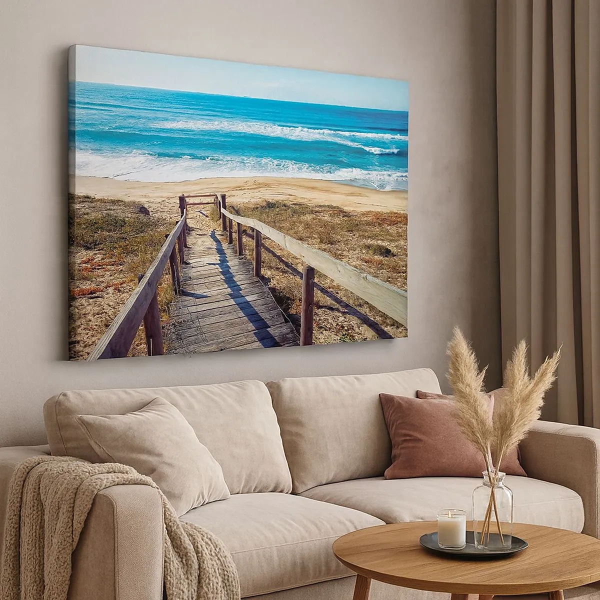 Bild auf Leinwand - Leinwandbild - Holzweg zum Strand - 70x50cm - Lauf! - Moderne Wanddekoration für Wohnzimmer und Schlafzimmer ARTTOR