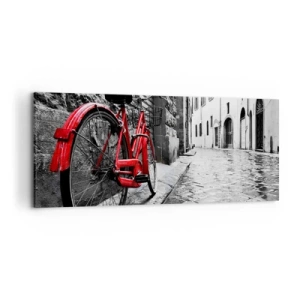 Bild auf Leinwand - Leinwandbild - Rotes Fahrrad in einer schwarz-weißen Straße - 120x50cm - Wahre Schönheit wird nicht alt - Moderne Wanddekoration für Wohnzimmer und Schlafzimmer ARTTOR