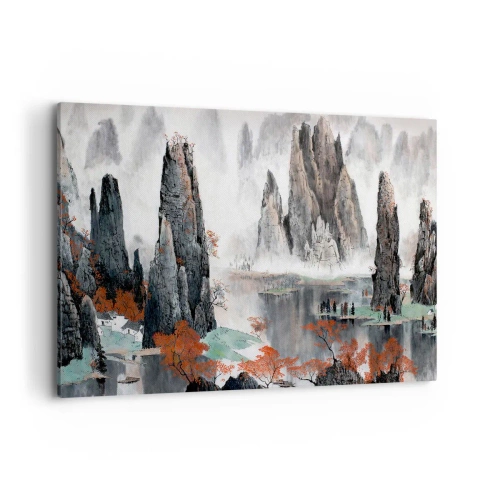 Bild auf Leinwand - Leinwandbild - Malerische Felsen und Bäume in der nebligen chinesischen Landschaft - 100x70cm - Mächtige Wächter - Moderne Wanddekoration für Wohnzimmer und Schlafzimmer ARTTOR