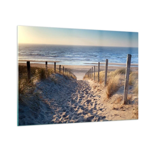Glasbild - Bild auf glas - Ein Weg durch die Dünen, der zu einem Strand mit ruhigem Meer führt - 100x70cm - Das Rauschen des Meeres, der Gesang der Vögel, ein wilder Strand im Gras ... - Moderne Wanddekoration für Wohnzimmer und Schlafzimmer ARTTOR