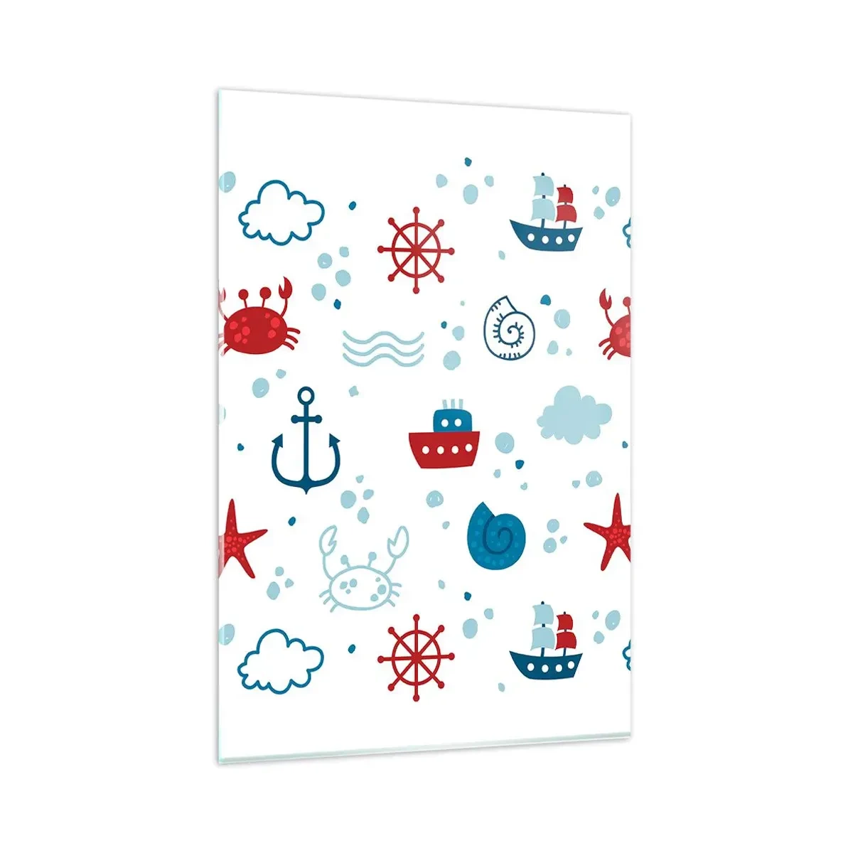 Glasbild - Bild auf glas - Nautisches Muster mit Ankern, Schiffen und Krabben - 80x120cm - Märchen vom Meer - Moderne Wanddekoration für Wohnzimmer und Schlafzimmer ARTTOR