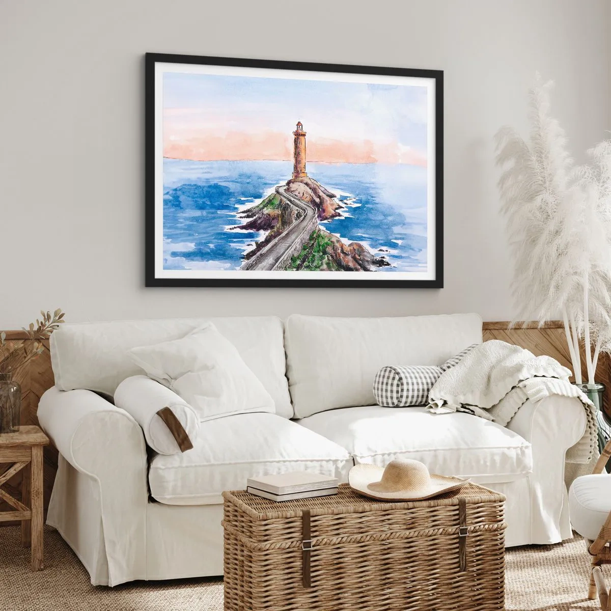 Poster in einem schwarzem Rahmen - Ein Leuchtturm an einer felsigen Küste - 70x50cm - Dem Meer zugewandt - Moderne Wanddekoration für Wohnzimmer und Schlafzimmer ARTTOR