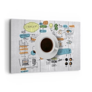 Bild auf Leinwand - Leinwandbild - Eine Tasse Kaffee vor dem Hintergrund einer konzeptionellen Zeichnung - 120x80cm - Zeit für eine Pause - Moderne Wanddekoration für Wohnzimmer und Schlafzimmer ARTTOR