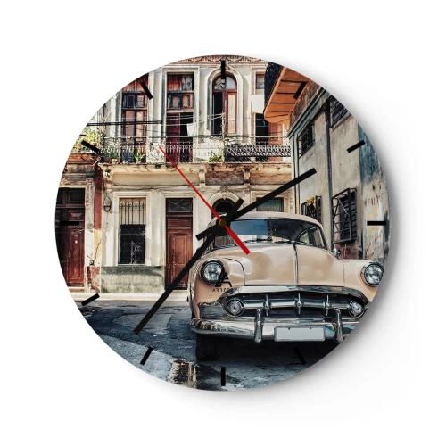Wanduhr - Glasuhr - Retro-Auto vor dem Hintergrund alter Architektur - 30x30cm - Die Siesta in Havanna - Moderne Wanddekoration für Wohnzimmer, Küche und Schlafzimmer ARTTOR