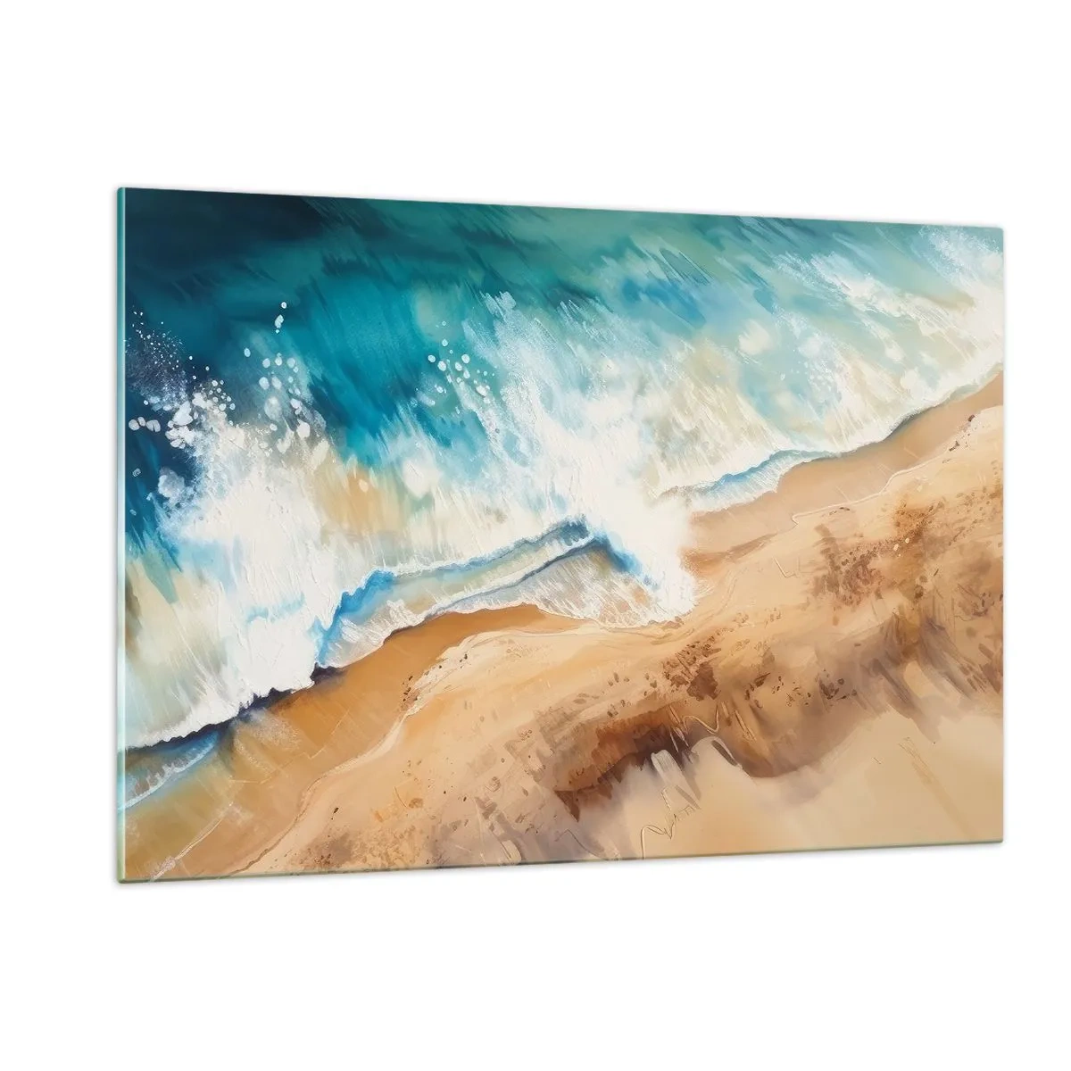 Glasbild - Bild auf glas - Eine Vogelperspektive einer blauen Meereswelle, die gegen ein sandiges Ufer prallt - 120x80cm - Zurückkehrende Welle - Moderne Wanddekoration für Wohnzimmer und Schlafzimmer ARTTOR