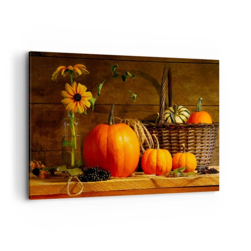 Bild auf Leinwand - Leinwandbild - Herbstkomposition mit Kürbissen und Blumen auf Holzhintergrund - 100x70cm - Eine rustikale Komposition - Geschenke des Herbstes - Moderne Wanddekoration für Wohnzimmer und Schlafzimmer ARTTOR