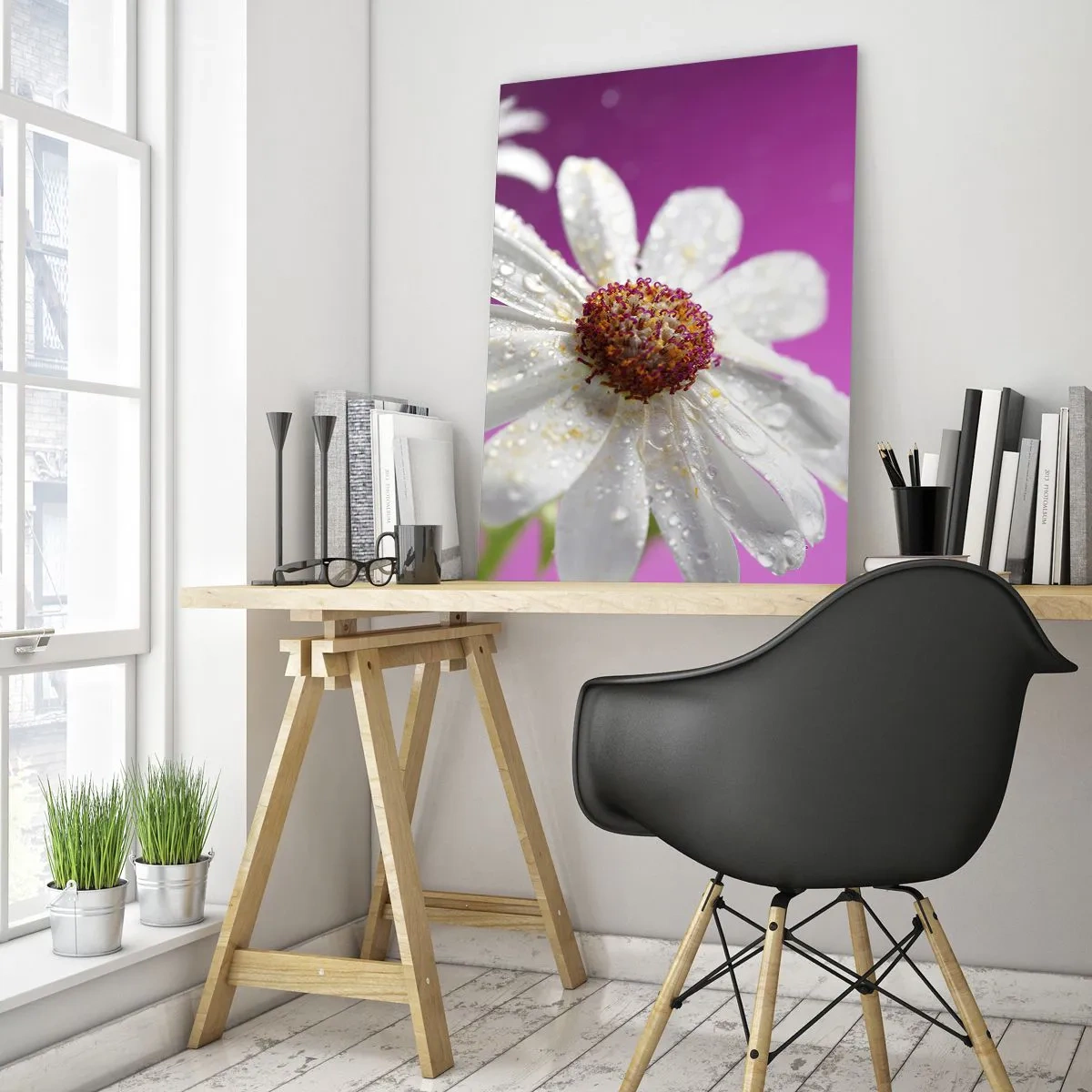 Glasbild - Bild auf glas - Ein weißes Gänseblümchen mit Wassertropfen auf einem rosa Hintergrund - 80x120cm - Bescheiden in seiner Schönheit - Moderne Wanddekoration für Wohnzimmer und Schlafzimmer ARTTOR
