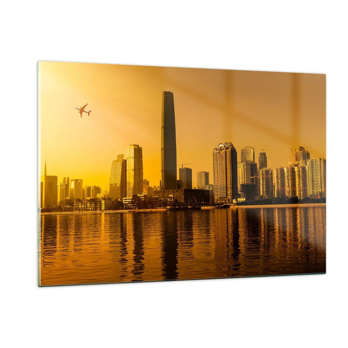 Glasbild - Bild auf glas - Eine moderne Stadt mit Wolkenkratzern bei Sonnenuntergang - 120x80cm - Die goldene Stadt - Moderne Wanddekoration für Wohnzimmer und Schlafzimmer ARTTOR