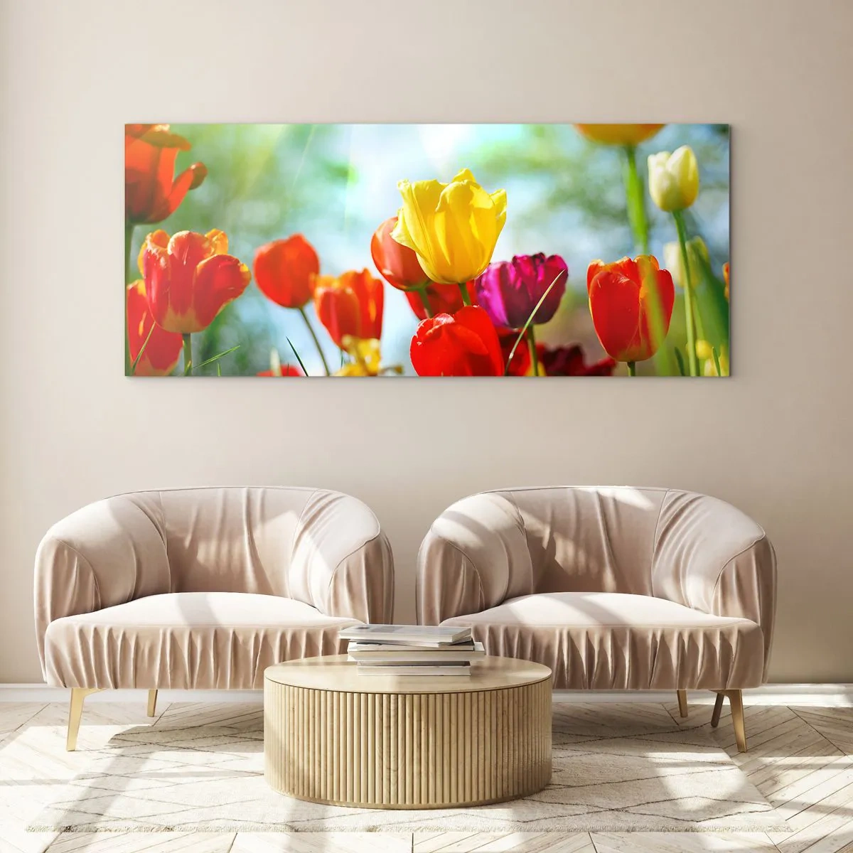 Glasbild - Bild auf glas - Bunte Tulpen im Sonnenschein - 140x50cm - Alle Farben der Sonne - Moderne Wanddekoration für Wohnzimmer und Schlafzimmer ARTTOR