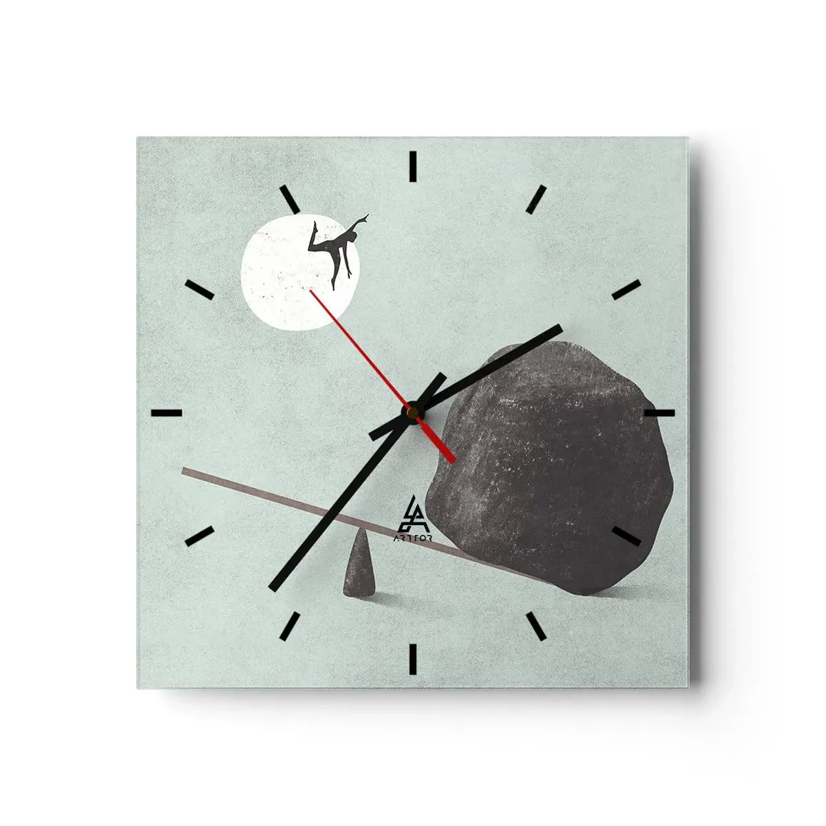 Wanduhr - Glasuhr - Eine symbolische Szene mit einer Figur und einem Gleichgewicht vor einem hellen Himmel. - 30x30cm - Erfüllte Träume - Moderne Wanddekoration für Wohnzimmer und Schlafzimmer ARTTOR