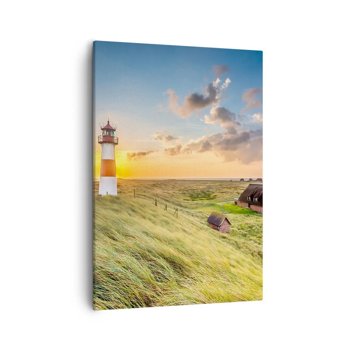 Bild auf Leinwand - Leinwandbild - Ein Leuchtturm mit Wiesen und Häusern in der Sonne im Hintergrund - 50x70cm - Zwischen den Wellen - Moderne Wanddekoration für Wohnzimmer und Schlafzimmer ARTTOR