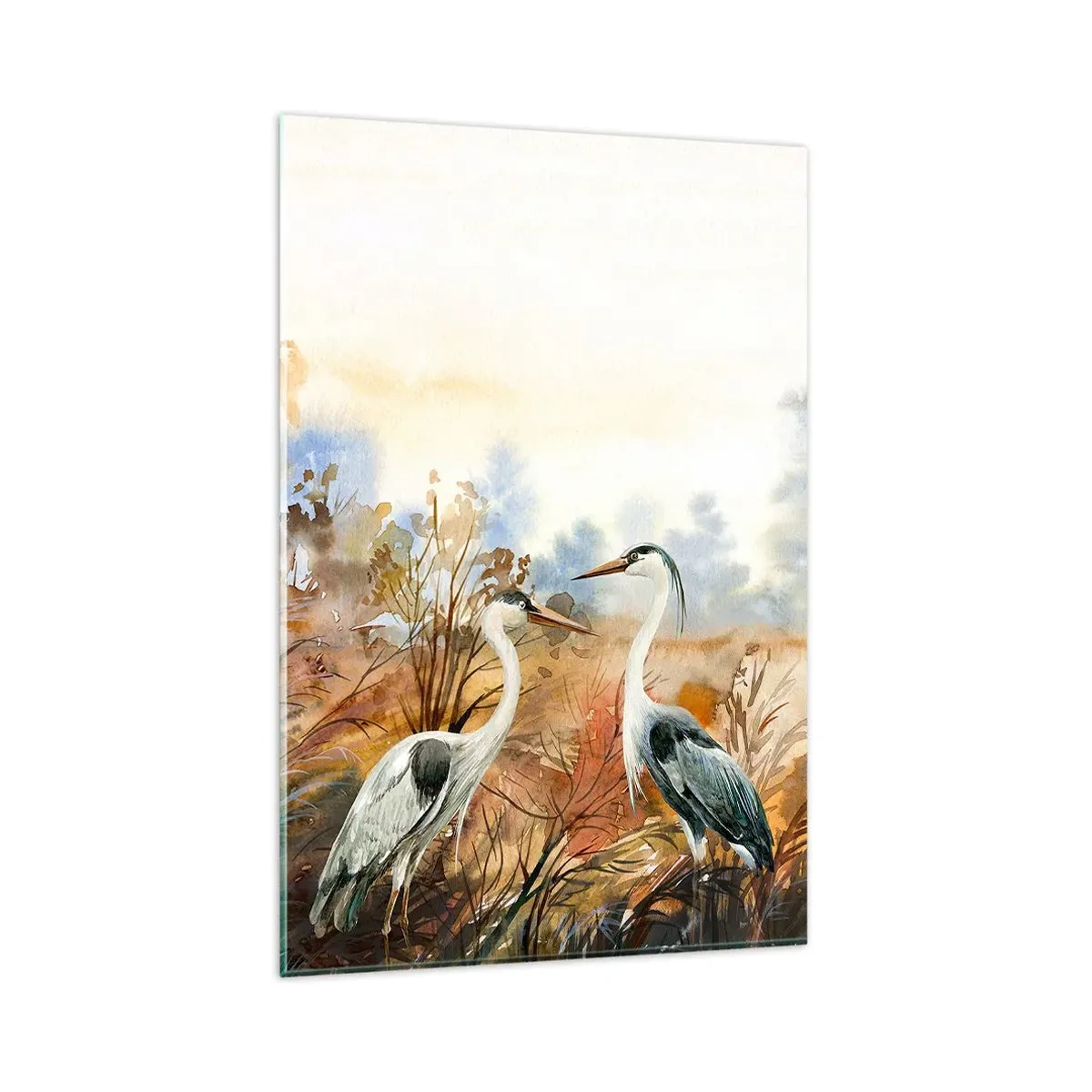 Glasbild - Bild auf glas - Zwei Reiher vor dem Hintergrund einer herbstlichen Landschaft - 80x120cm - Wohin im Herbst? - Moderne Wanddekoration für Wohnzimmer und Schlafzimmer ARTTOR