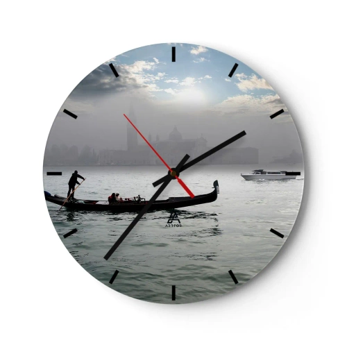 Wanduhr - Glasuhr - Eine Gondel auf ruhigem Wasser mit einer nebligen Landschaft im Hintergrund - 30x30cm - Eine fabelhafte Stadt aus Wasser und Nebel - Moderne Wanddekoration für Wohnzimmer, Küche und Schlafzimmer ARTTOR