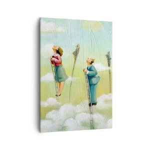 Bild auf Leinwand - Leinwandbild - Figuren, die auf pastellfarbenem Hintergrund zwischen Wolken Leitern hochklettern. - 50x70cm - Hinter deinem Traum - Moderne Wanddekoration für Wohnzimmer und Schlafzimmer ARTTOR