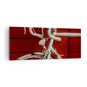 Bild auf Leinwand - Leinwandbild - Ein Vintage-Fahrrad vor einer roten Holzwand - 120x50cm - Geschaffen um zu siegen - Moderne Wanddekoration für Wohnzimmer und Schlafzimmer ARTTOR