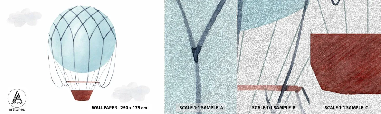 Fototapeten Muster Premium Sand - Ganz in den Wolken - Kinder, Ballon, Minimalismus - 100x30 cm