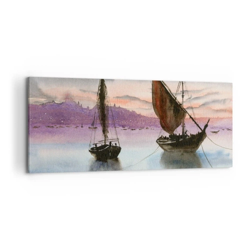 Bild auf Leinwand - Leinwandbild - Zwei Segelschiffe liegen in der Abenddämmerung auf ruhigem Wasser vor Anker - 120x50cm - Abend am Hafen - Moderne Wanddekoration für Wohnzimmer und Schlafzimmer ARTTOR