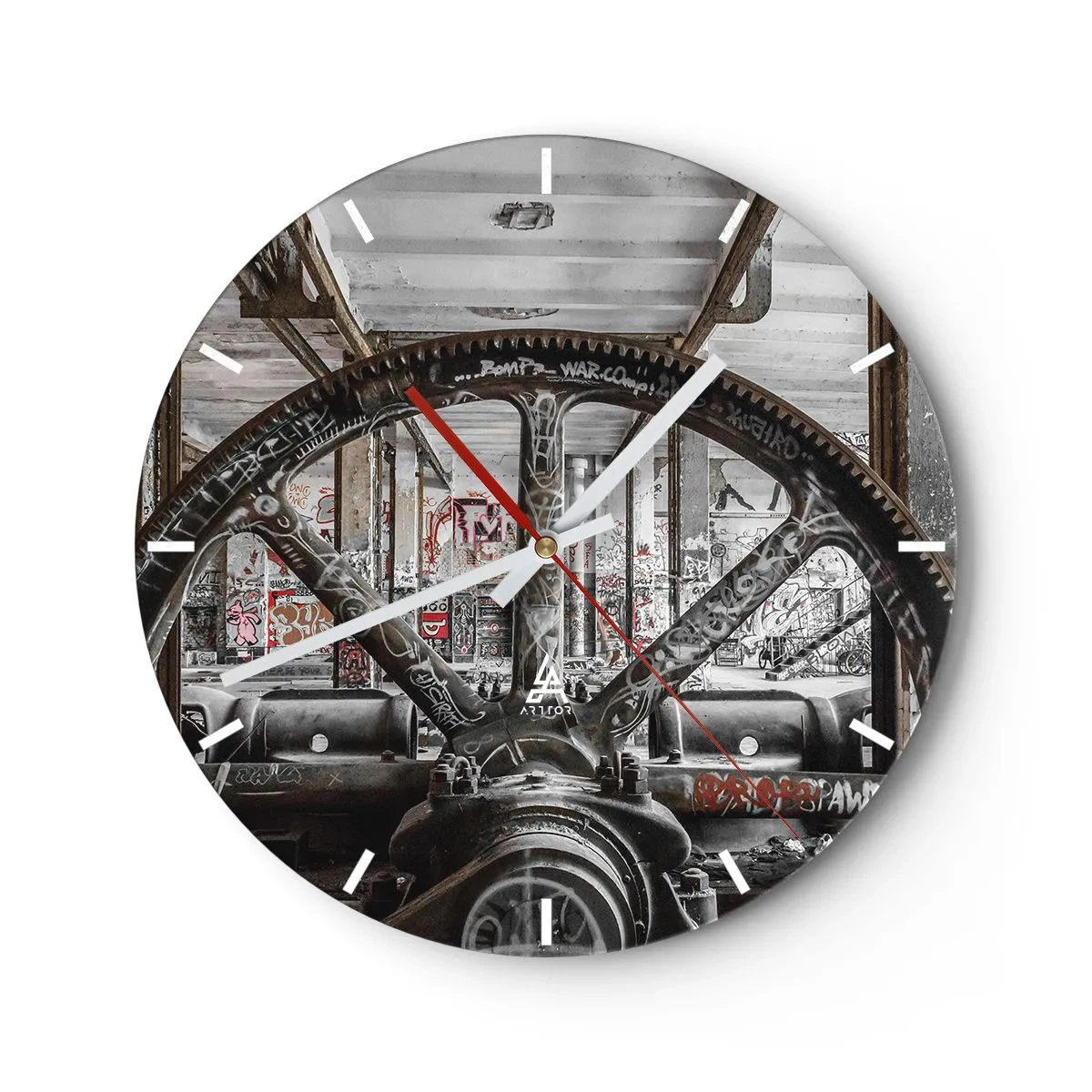 Wanduhr - Glasuhr - Ein Industriemotiv mit Maschinen- und Graffitielementen. - 30x30cm - Das geheime Leben der Fabrik - Moderne Wanddekoration für Wohnzimmer, Küche und Schlafzimmer ARTTOR