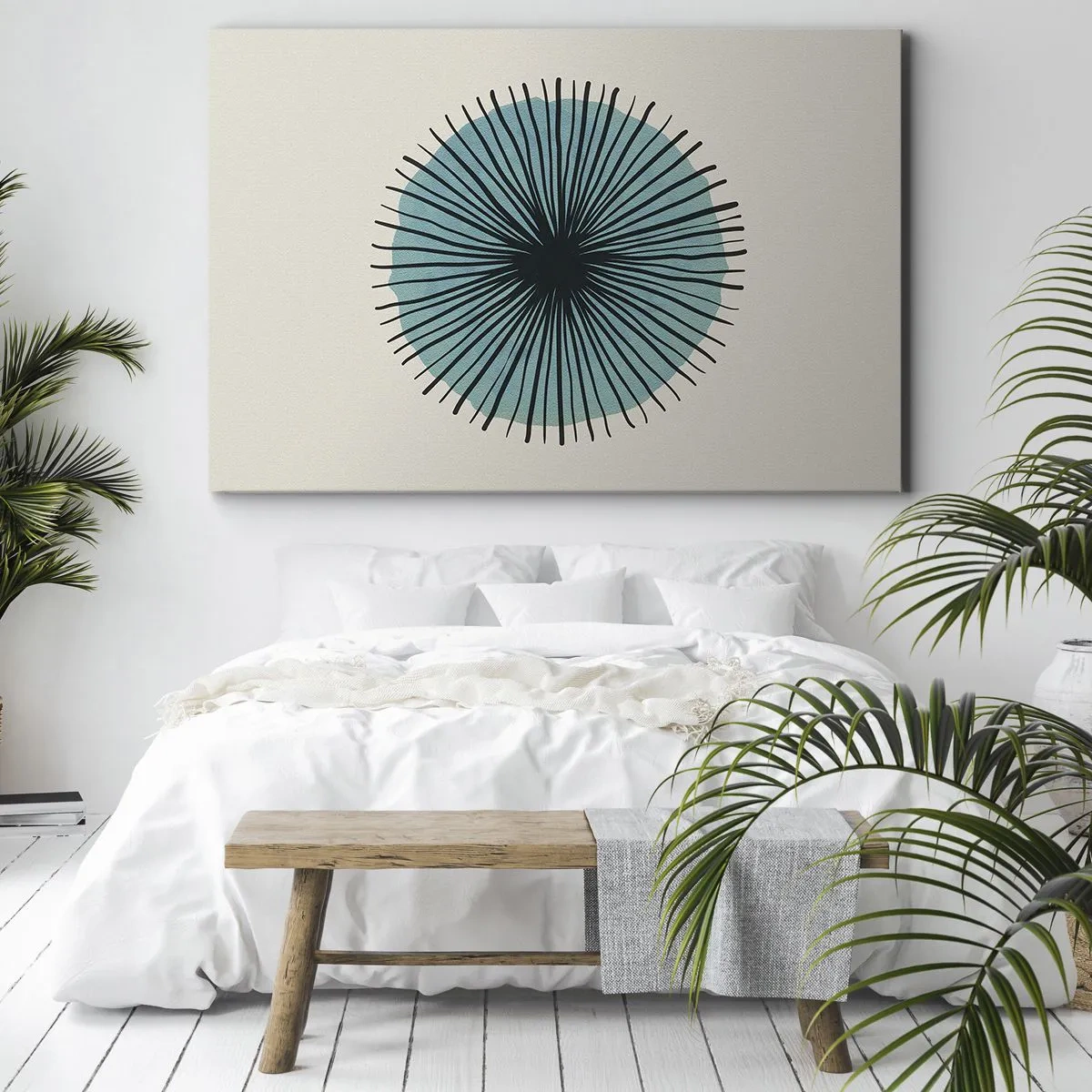 Bild auf Leinwand - Leinwandbild - Abstrakte Kreisform mit blauen Strahlen - 70x50cm - Strahlend im Blau - Moderne Wanddekoration für Wohnzimmer und Schlafzimmer ARTTOR