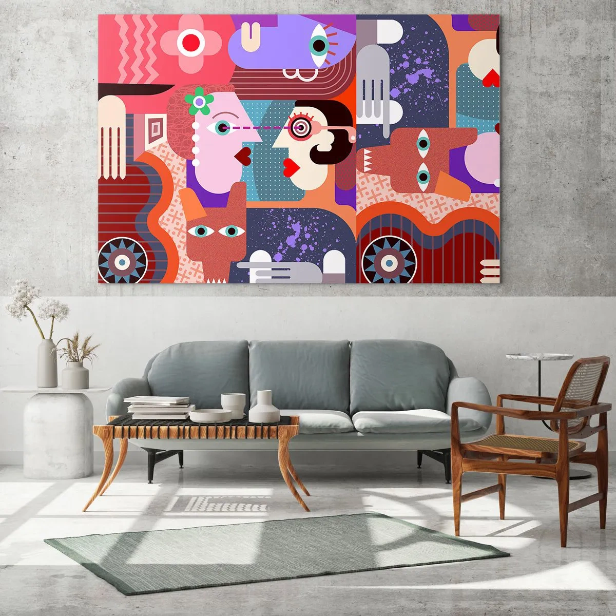 Glasbild - Bild auf glas - Eine abstrakte Komposition aus Gesichtern und Formen in intensiven Farben. - 100x70cm - Augenhöhe - Moderne Wanddekoration für Wohnzimmer und Schlafzimmer ARTTOR