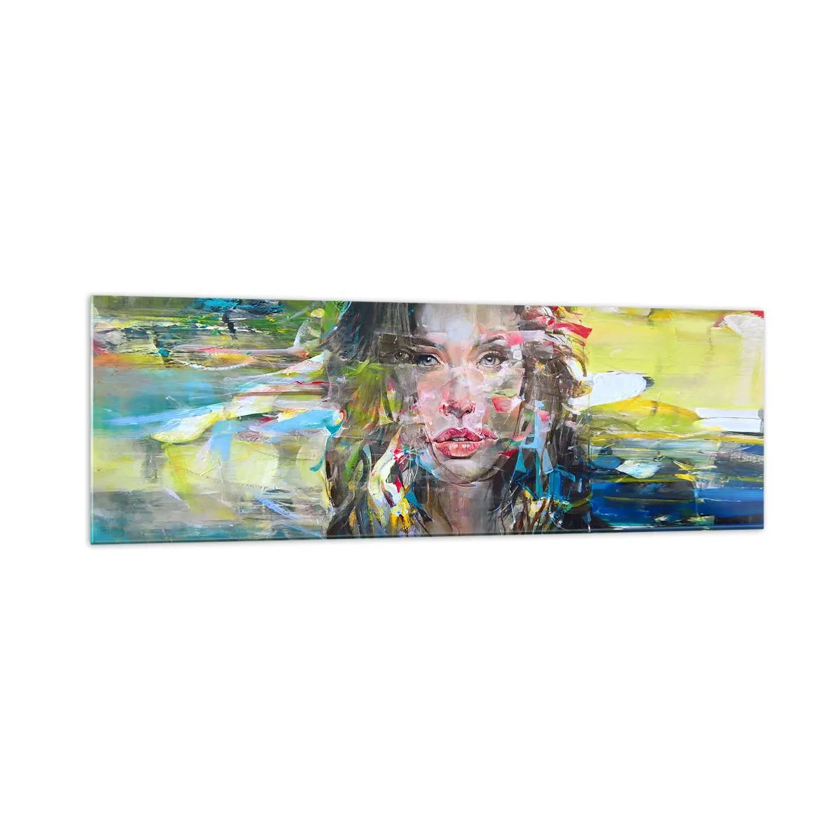 Glasbild - Bild auf glas - Abstraktes Frauenporträt in intensiven Farben - 160x50cm - Hinter der Luft ein Vorhang - Moderne Wanddekoration für Wohnzimmer und Schlafzimmer ARTTOR