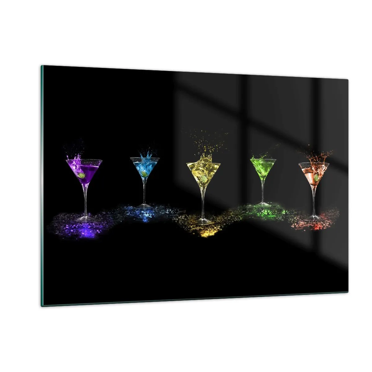 Glasbild - Bild auf glas - Bunte Getränke in Gläsern auf schwarzem Hintergrund - 120x80cm - Farben der Freude in Kristallglas - Moderne Wanddekoration für Wohnzimmer und Schlafzimmer ARTTOR