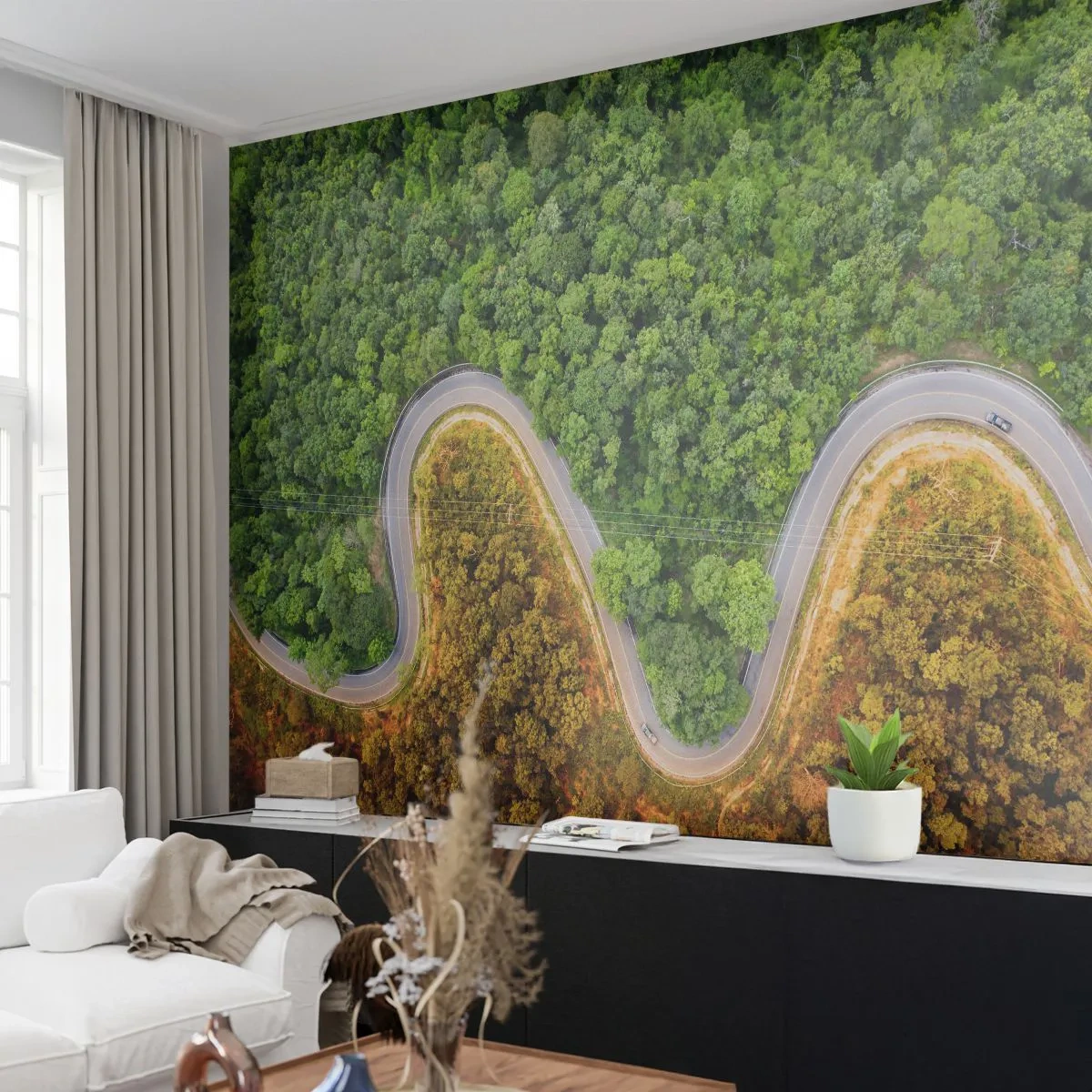 Fototapete Premium Canvas - Grenzen und Durchbrüche - Landschaft, Autostraße, Wald - 350x256 cm