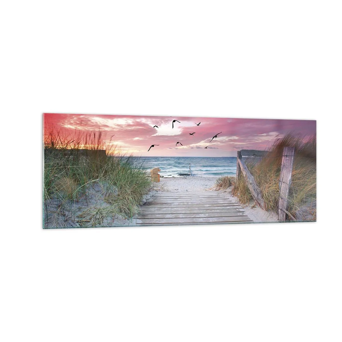 Glasbild - Bild auf glas - Holzweg am Strand bei rosa Sonnenuntergang - 140x50cm - Baltischer Eindruck - Moderne Wanddekoration für Wohnzimmer und Schlafzimmer ARTTOR