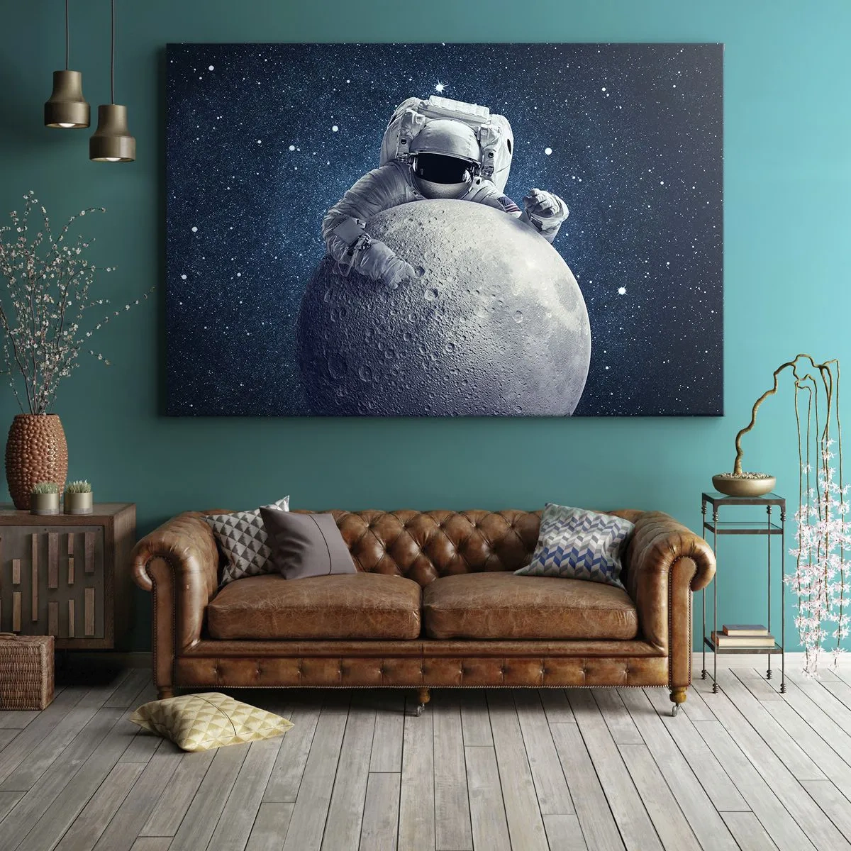 Bild auf Leinwand - Leinwandbild - Astronaut hält den Mond vor einem Sternenhimmel - 70x50cm - Weltraumjoker - Moderne Wanddekoration für Wohnzimmer und Schlafzimmer ARTTOR