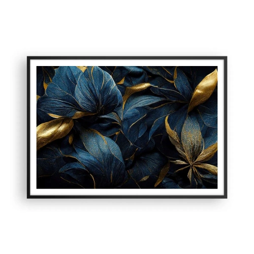 Poster in einem schwarzem Rahmen - Elegante Blätter in Gold- und Marineblautönen - 100x70cm - Mit Gold gefüttert - Moderne Wanddekoration für Wohnzimmer und Schlafzimmer ARTTOR