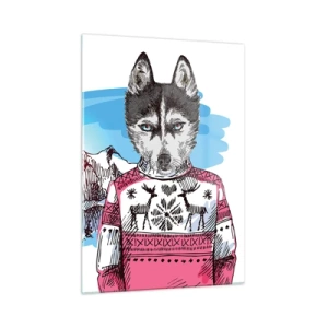 Glasbild - Bild auf glas - Husky im Pullover mit Bergen im Hintergrund - 50x70cm - Ein Wolf in Schafwolle - Moderne Wanddekoration für Wohnzimmer und Schlafzimmer ARTTOR