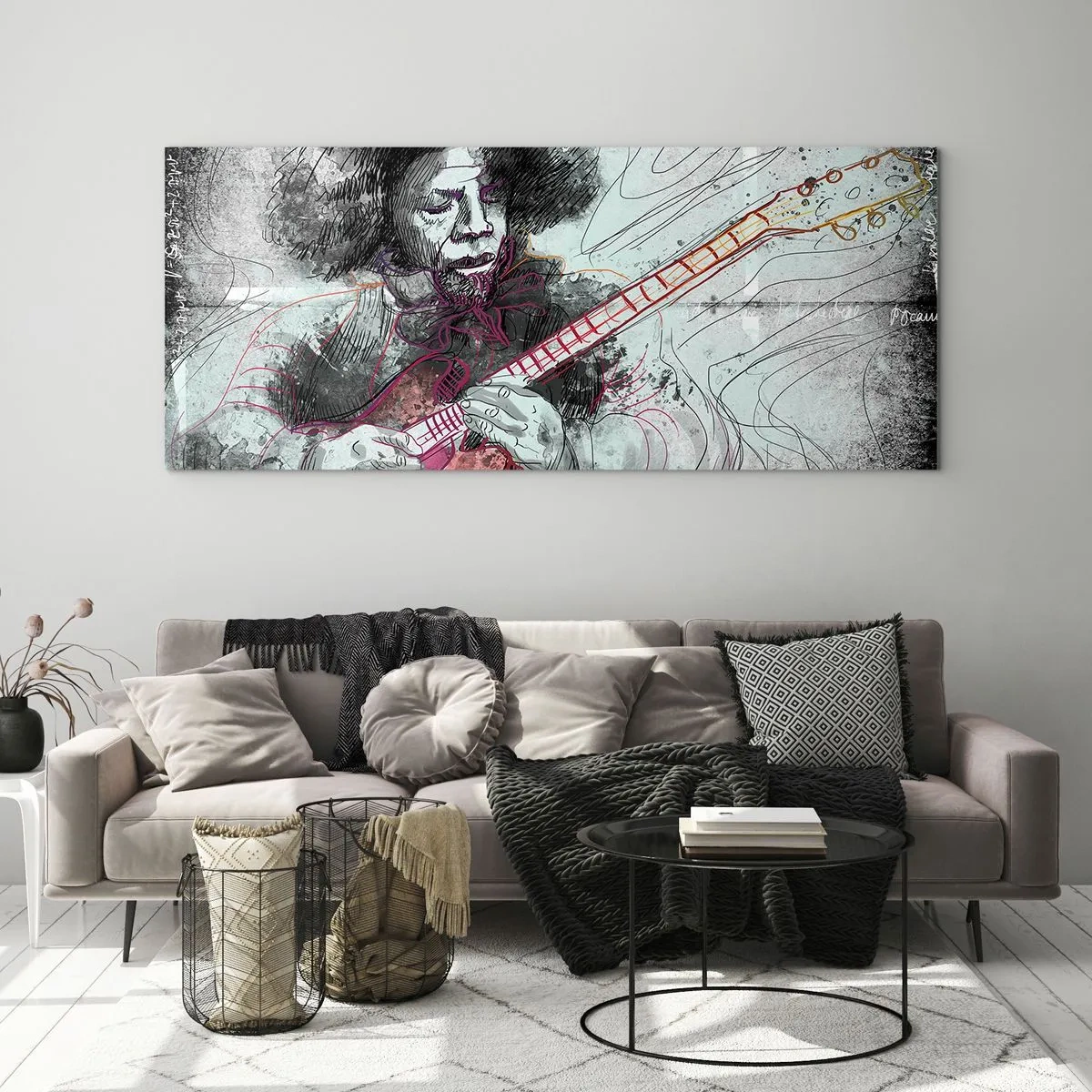 Glasbild - Bild auf glas - Künstlerisches Portrait eines Gitarristen in der Skizzentechnik - 120x50cm - Auf den Wellen der Musik - Moderne Wanddekoration für Wohnzimmer und Schlafzimmer ARTTOR