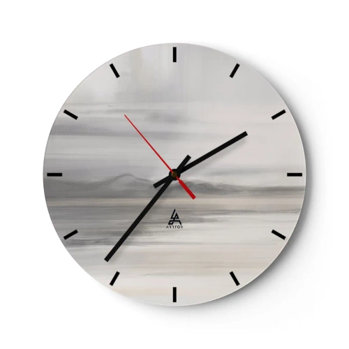 Wanduhr - Glasuhr - Eine zarte Landschaft in Grau- und Beigetönen mit nebligen Bergen - 30x30cm - Nachdenkliche Distanz - Moderne Wanddekoration für Wohnzimmer, Küche und Schlafzimmer ARTTOR