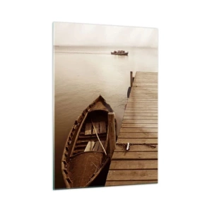 Glasbild - Bild auf glas - Ein Boot an einem Pier auf einem ruhigen See in Sepia - 50x70cm - Großer Frieden - Moderne Wanddekoration für Wohnzimmer und Schlafzimmer ARTTOR