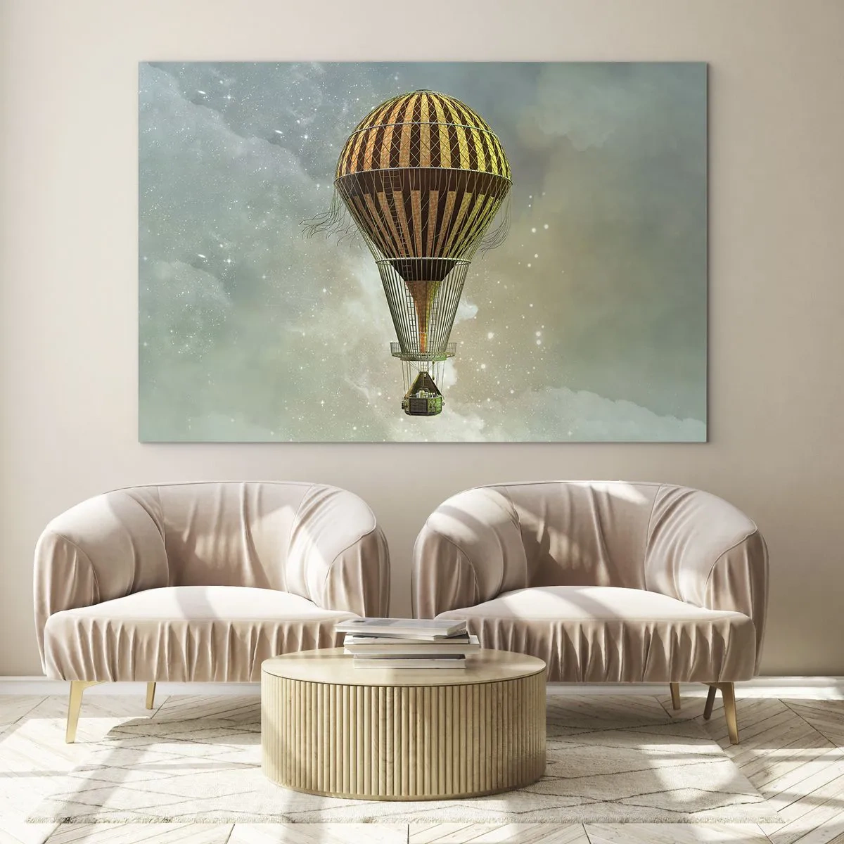 Glasbild - Bild auf glas - Ein stilisierter Ballon vor dem Hintergrund eines Sternenhimmels und Wolken. - 120x80cm - Pionierflüge - Moderne Wanddekoration für Wohnzimmer und Schlafzimmer ARTTOR