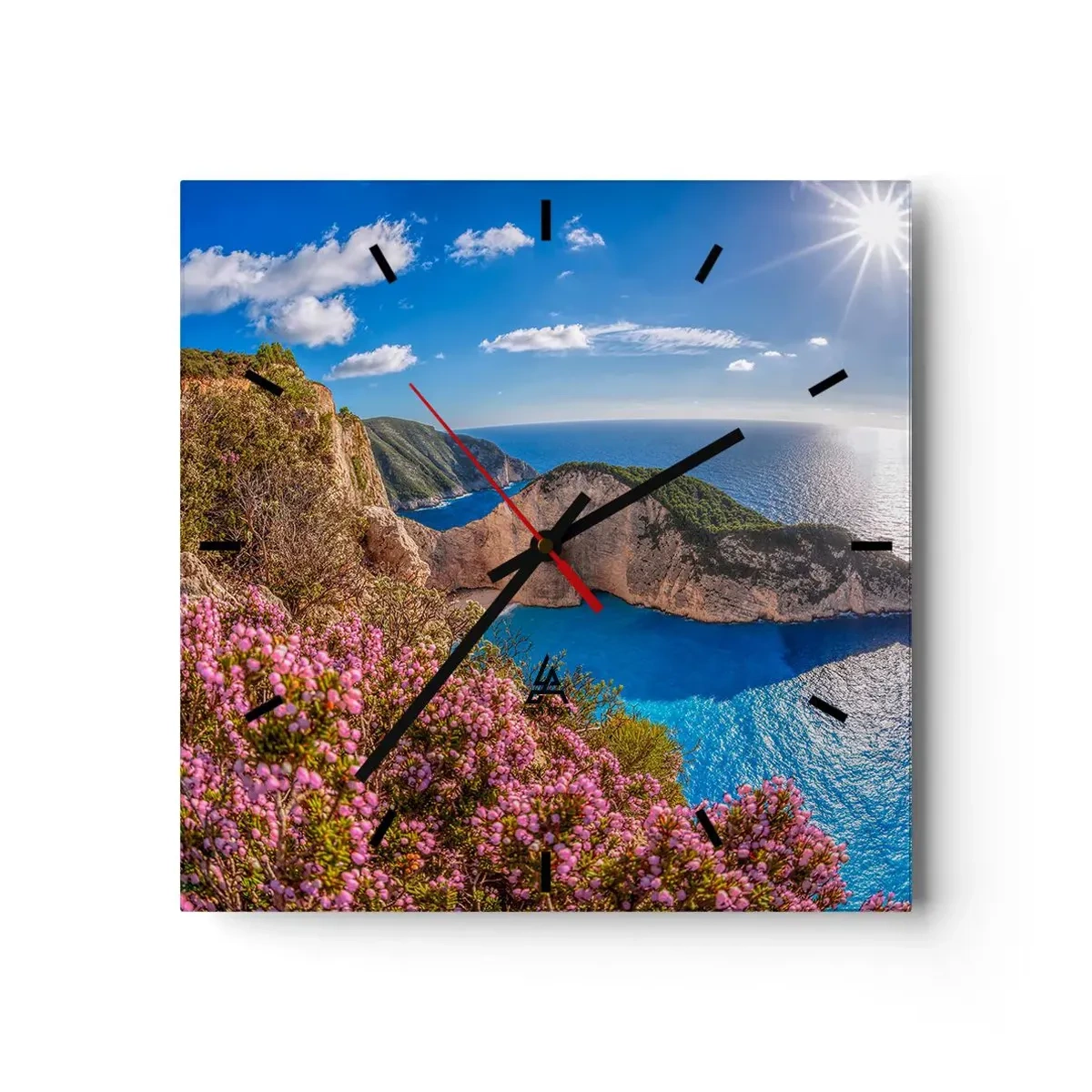 Wanduhr - Glasuhr - Eine Klippe mit Blumen, ein türkisfarbenes Meer und eine sonnige griechische Landschaft - 30x30cm - Mein toller Griechenlandurlaub - Moderne Wanddekoration für Wohnzimmer und Schlafzimmer ARTTOR