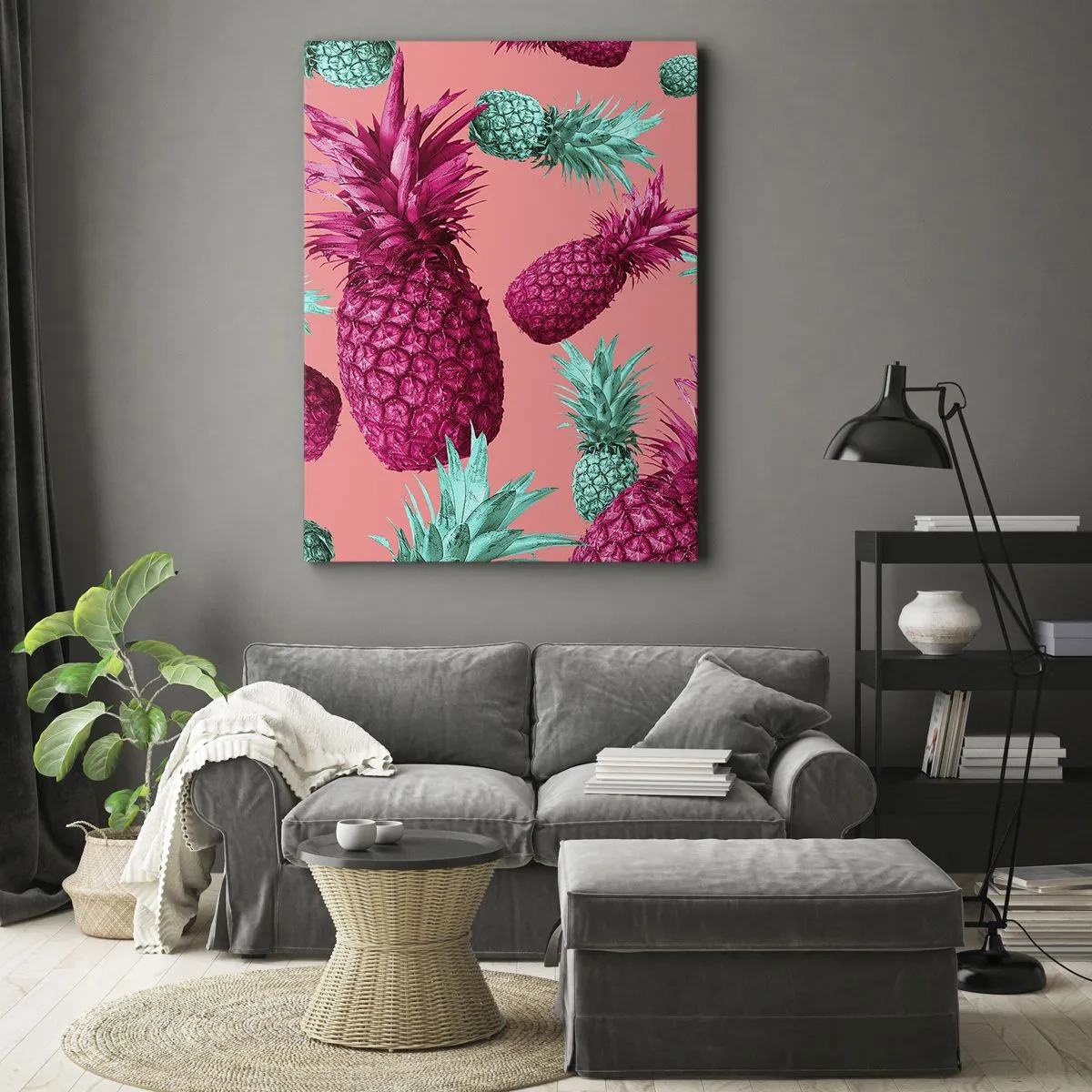 Bild auf Leinwand - Leinwandbild - Exotische Ananas in Pink und Türkis - 50x70cm - Freiheit ist süß - Moderne Wanddekoration für Wohnzimmer und Schlafzimmer ARTTOR