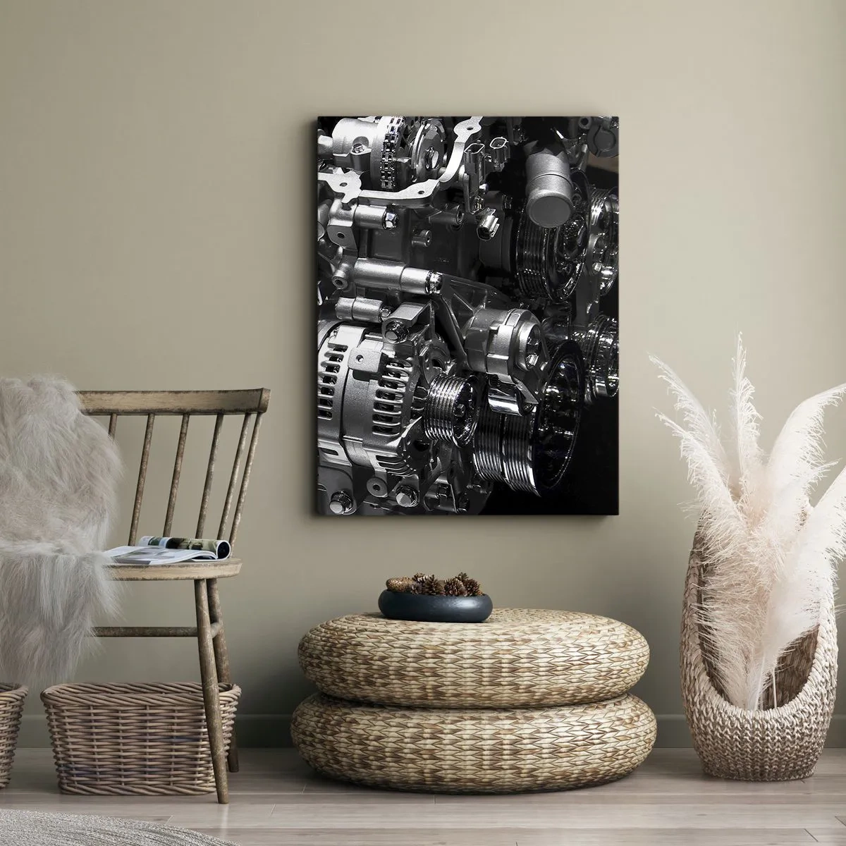 Bild auf Leinwand - Leinwandbild - Nahaufnahme von metallischen Motorteilen auf schwarzem Hintergrund - 50x70cm - Stahl, schön, stark - Moderne Wanddekoration für Wohnzimmer und Schlafzimmer ARTTOR