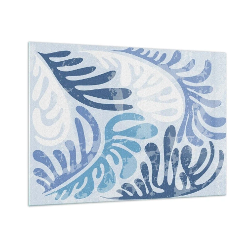 Glasbild - Bild auf glas - Dekorative Farnblätter in Blautönen auf hellem Untergrund - 100x70cm - Blaue Farne - Moderne Wanddekoration für Wohnzimmer und Schlafzimmer ARTTOR