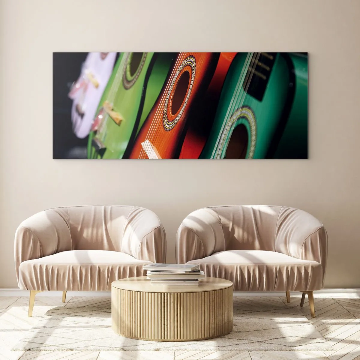 Glasbild - Bild auf glas - Die Gitarre hat viele Farben - 100x40 cm