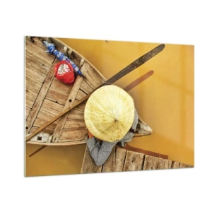 Glasbild - Bild auf glas - Draufsicht auf ein Boot und eine Person mit einem konischen Hut - 100x70cm - Leben am Gelben Fluss - Moderne Wanddekoration für Wohnzimmer und Schlafzimmer ARTTOR