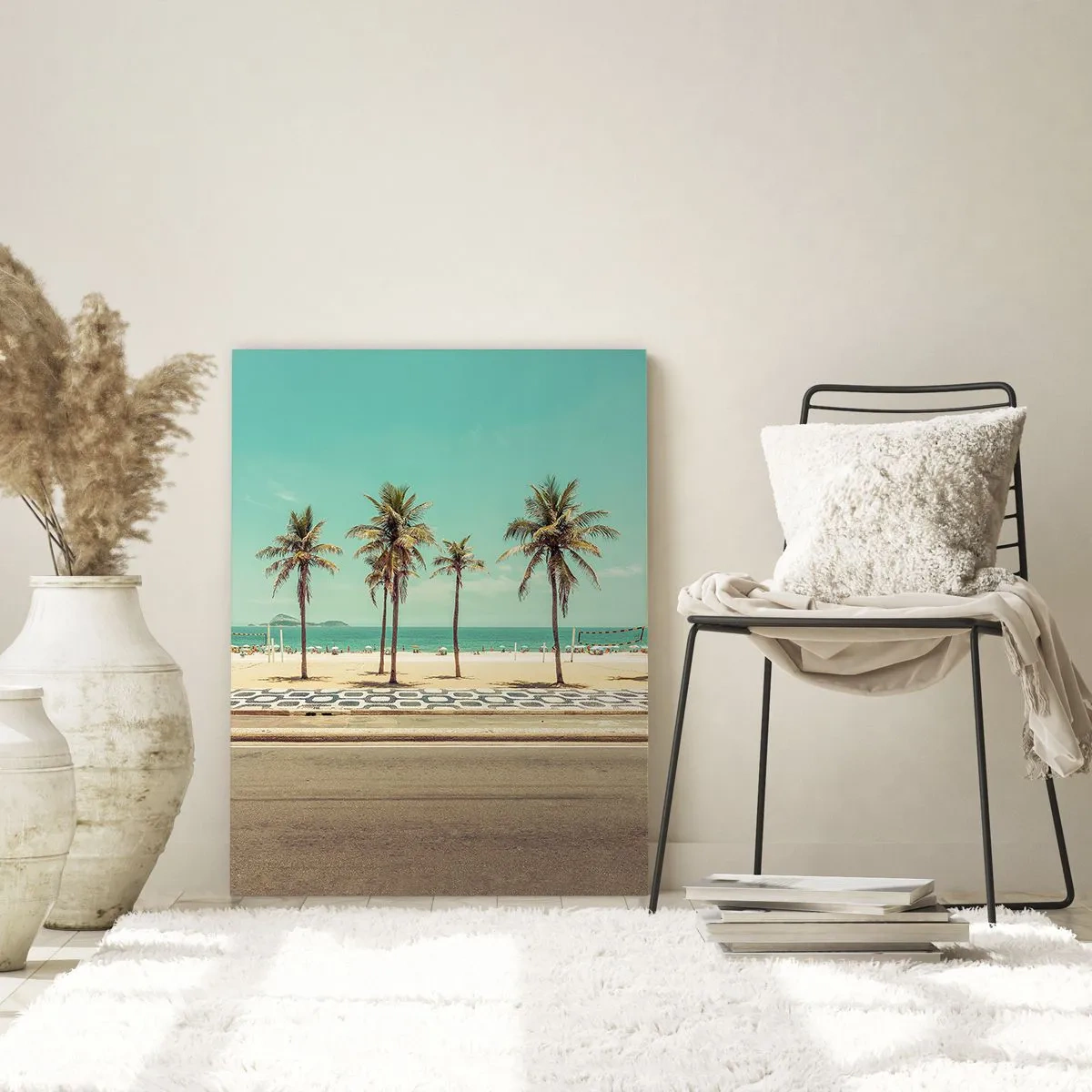 Glasbild - Bild auf glas - Palmen am Strand mit Blick auf das Meer und den blauen Himmel - 80x120cm - Beim Bewachen des Strandes - Moderne Wanddekoration für Wohnzimmer und Schlafzimmer ARTTOR